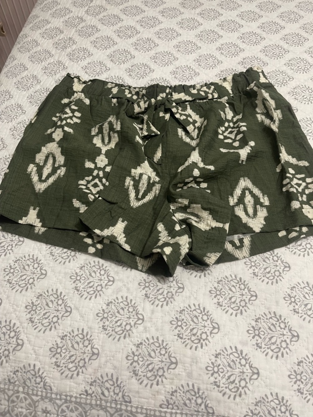 Primark Olive Green Ikat-Print High-Waist Drawstring Shorts